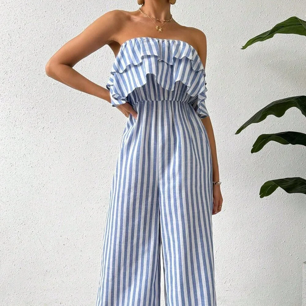 Blue and White Boho Women's Striped Strapless Wide Leg Jumpsuit With Ruffled - Picture 7 of 8